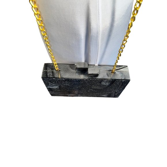 LULU NYC Black White Gold Star Design Small Box Shoulder Bag - Picture 6 of 13